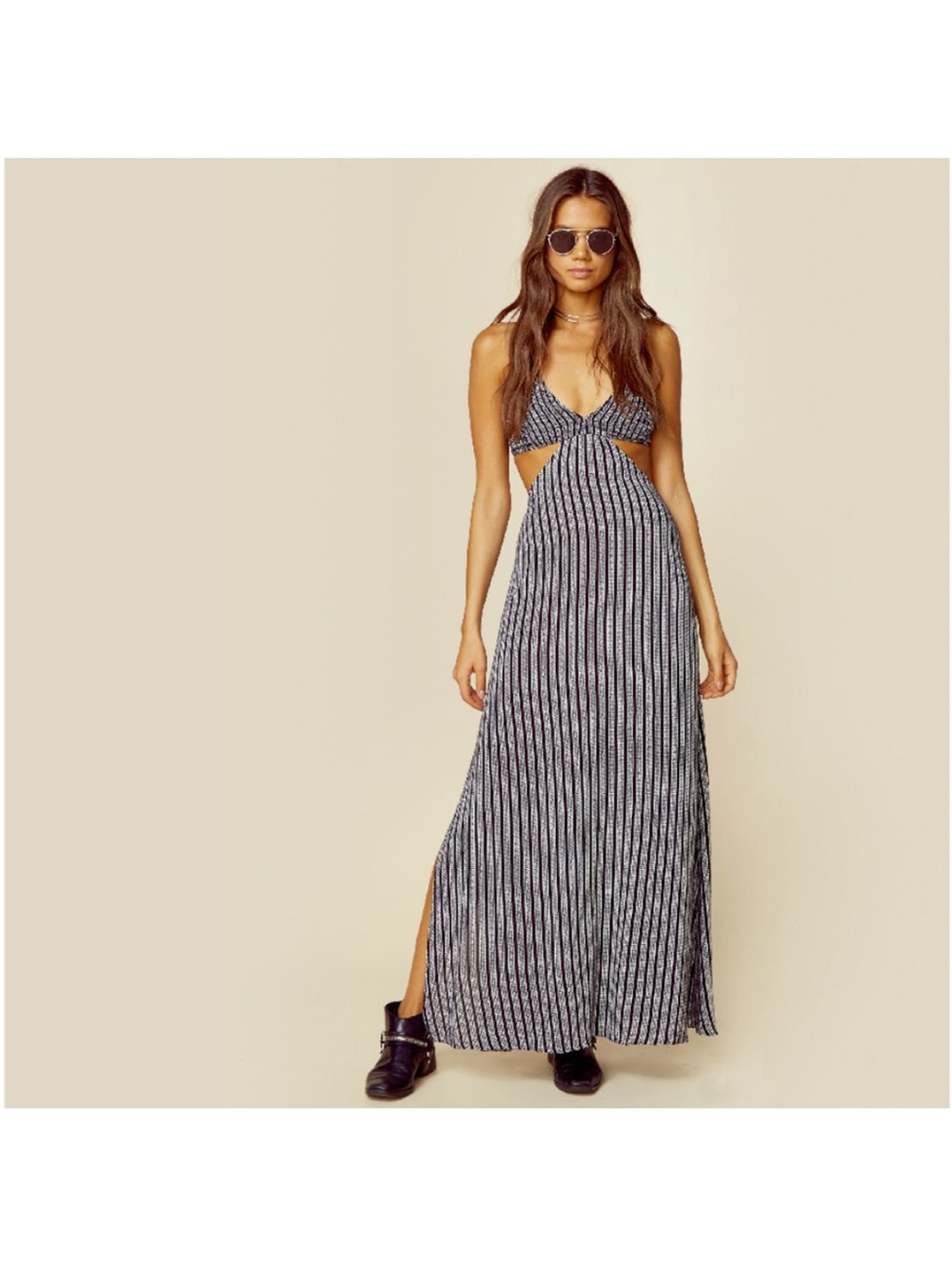 Indah Blaze Maxi Dress Chevron Striped Small Black Cutout Halter Beach Vacation